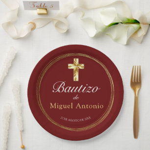 Bautizo Bebé Niño Cruz de Oro y Borgoño Paper Plate