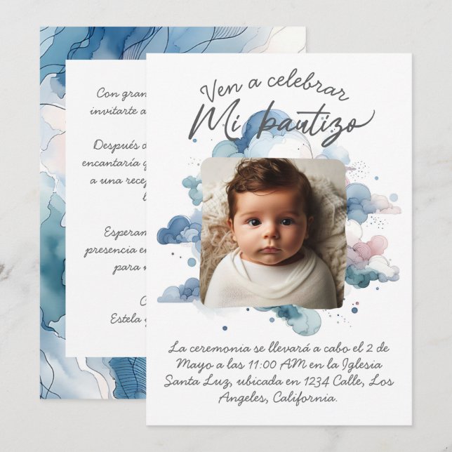 Bautizo con foto Spanish Watercolor Invitation (Front/Back)