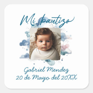 Bautizo con foto Spanish Watercolor Square Sticker