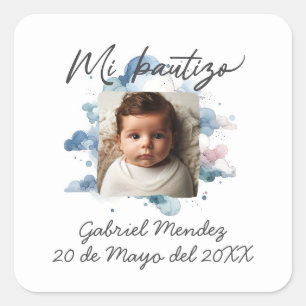 Bautizo con foto Spanish Watercolor Square Sticker