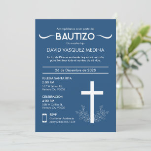Bautizo Cute Baby Baptism Spanish Cross and Leaves Invitation