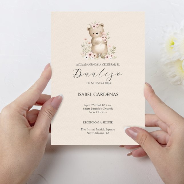 Bautizo De Niña Cute Bear In Spanish Watercolor Invitation (Bautizo De Niña Cute Bear In Spanish Watercolor Invitation)