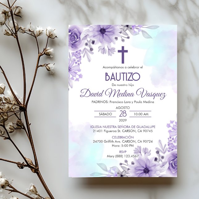 Bautizo Invitacion Baptism Elegant Purple Flowers Invitation (Creator Uploaded)