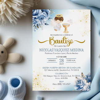 Bautizo Invitacion BLUE Flowers BOY Angel Baptism Invitation