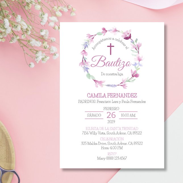 Bautizo Invitacion Cute Cross Pink Flowers Baptism Invitation (Creator Uploaded)