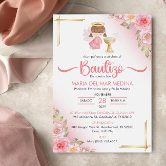 Bautizo Invitacion Cute Flowers Girl Angel Baptism Invitation