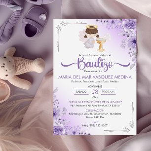 Bautizo Invitacion Cute Girl Angel Flowers Baptism Invitation