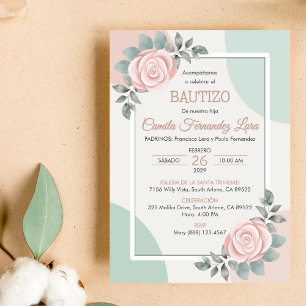 Bautizo Invitacion Cute Pink Roses Flowers Baptism Invitation