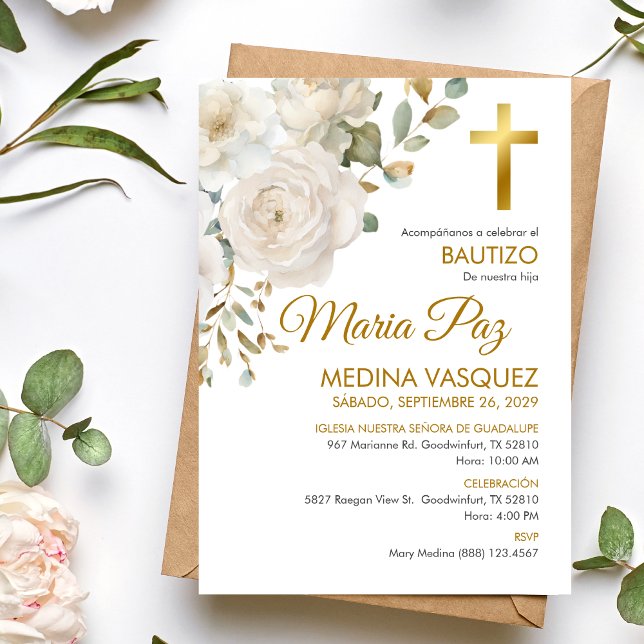 Bautizo Invitacion Elegant White Flowers Baptism Invitation (Creator Uploaded)