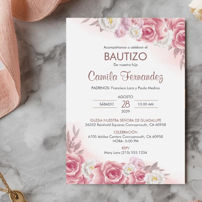 Bautizo Invitacion in spanish Baptism Pink Flowers Invitation (Creator Uploaded)