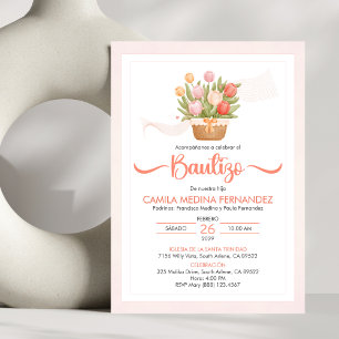 Bautizo Invitacion Pink Tulips Catholic Baptism Invitation
