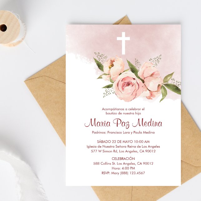 Bautizo Invitacion Salmon Coloured Flowers Baptism Invitation (Creator Uploaded)