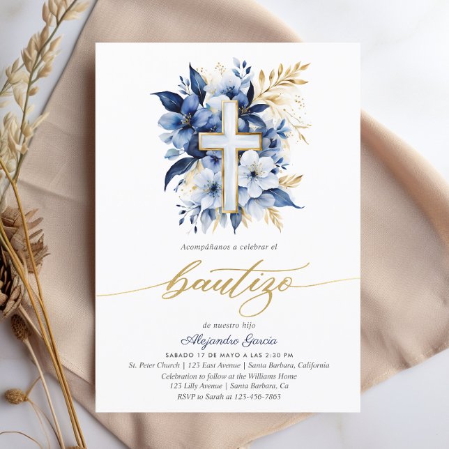 Bautizo Navy Blue & Gold Watercolor Spanish Invitation (Creator Uploaded)