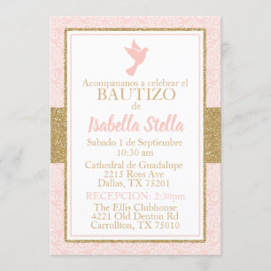 Bautizo Spanish Baptism Pink Gold Dove Invitation