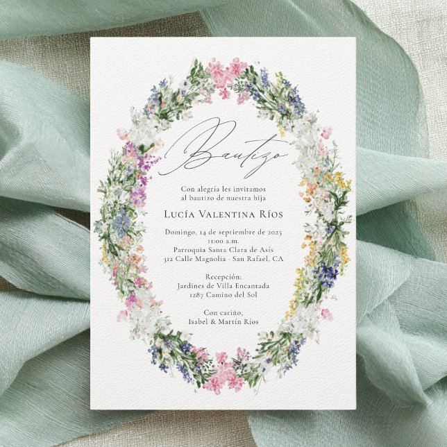 Bautizo Spanish Baptism Wildflowers Wreath Invitation (Creator Uploaded)