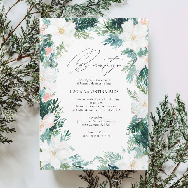 Bautizo Spanish Winter Flowers Poinsettia Baptism Invitation (Creator Uploaded)