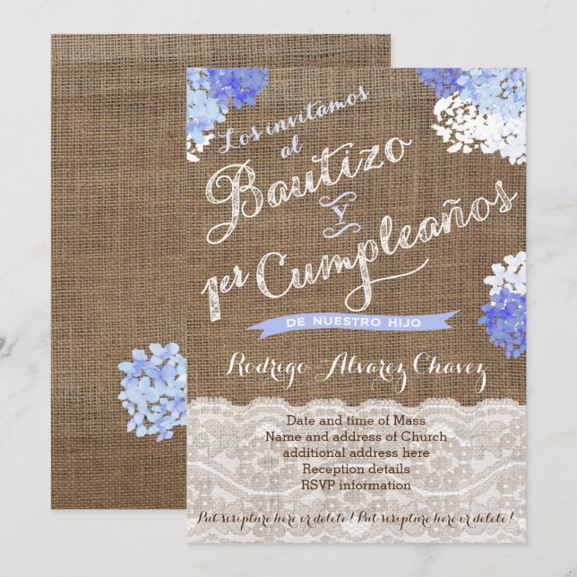 Bautizo y 1er cumple, Latino Baptism Birthday Invitation (Front/Back)