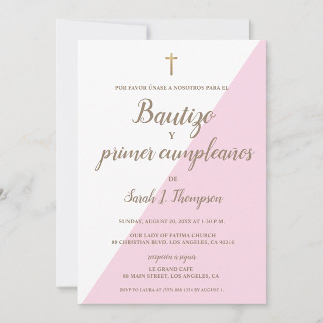 Bautizo y primer cumpleaños Baptism spanish Pink Invitation (Front)