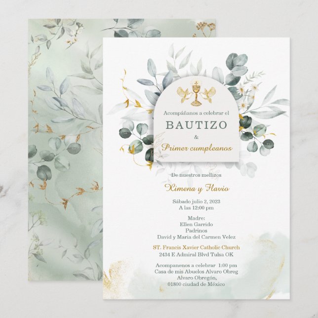 Bautizo y Primer Cumpleanos de Mellizos Invitation (Front/Back)