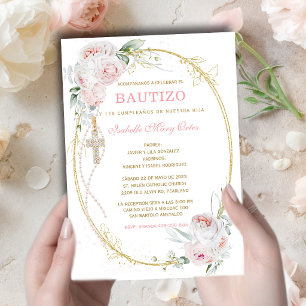 Bautizo y Primer Cumpleaños Niña Rosa Flores Oro Invitation