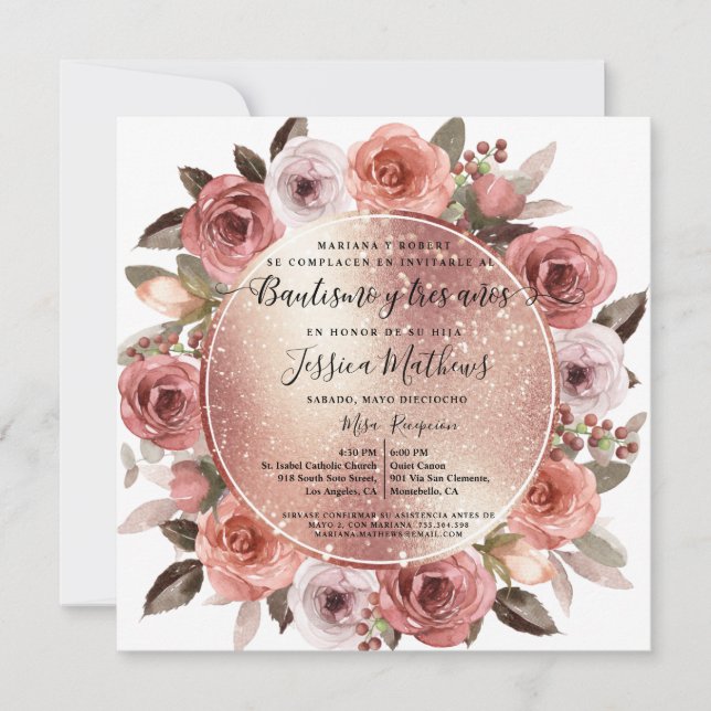 Bautizo y Tres Años Blush Floral Rose Gold Glitter Invitation (Front)