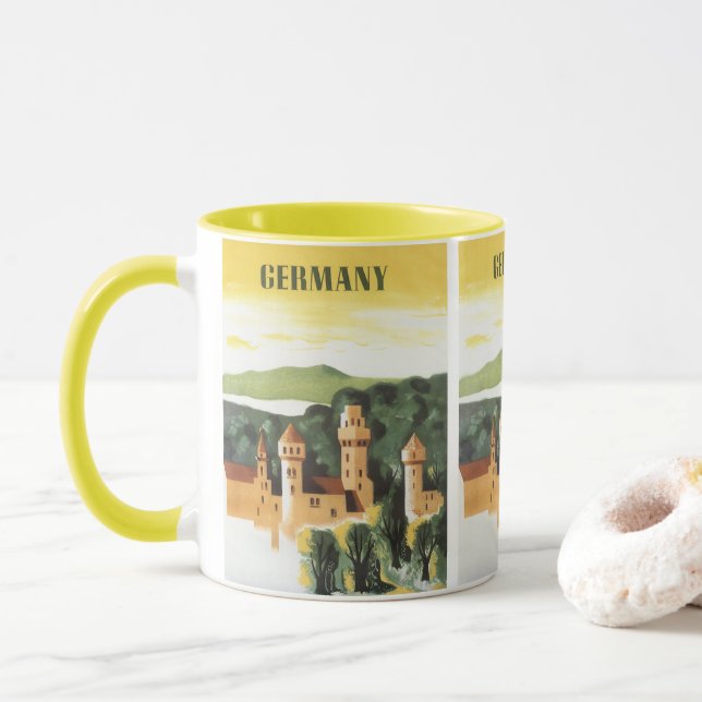 Bavaria, Germany, German Castle Vintage Travel Art Mug (With Donut)