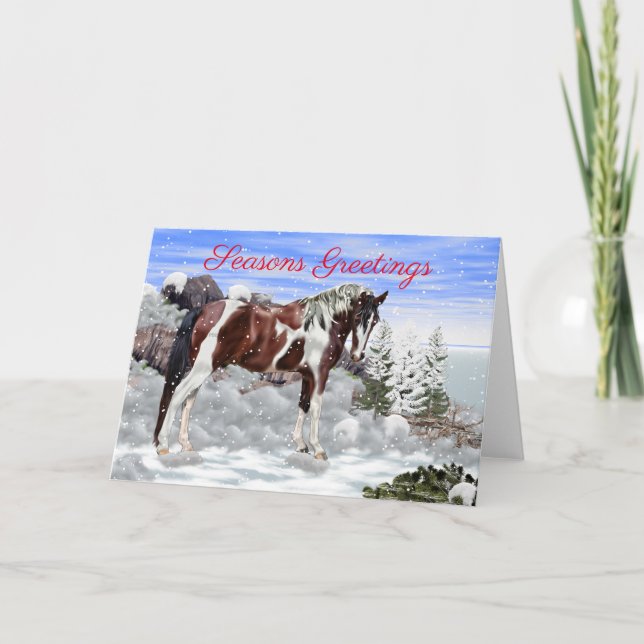 Bay and White Tobiano Paint Horse in Snow Holiday Card (Front)