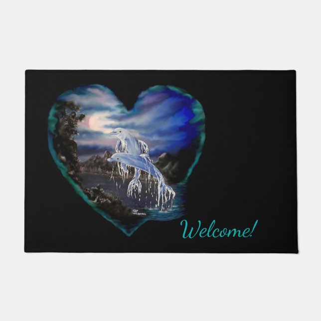 Bay at Night , Dolphin Love Doormat (Front)