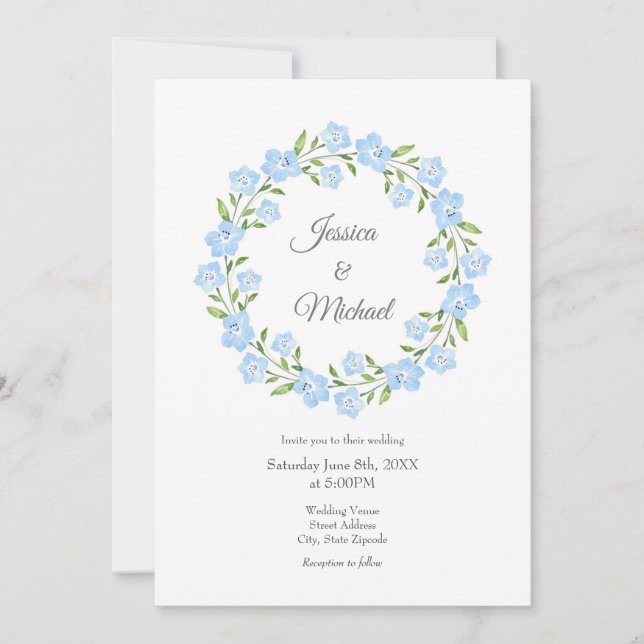 Bay Blue Eyes Watercolor Floral Wreath Invitation (Front)