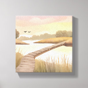 Bay Boardwalk Airy Coastal Watercolor Painting Canvas Print