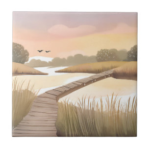 Bay Boardwalk Airy Coastal Watercolor Painting Tile