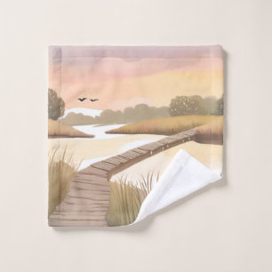 Bay Boardwalk Airy Coastal Watercolor Painting Wash Cloth