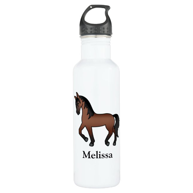 Bay Brown Cartoon Trotting Horse & Custom Name 710 Ml Water Bottle (Front)