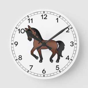 Bay Brown Cute Cartoon Trotting Horse Round Clock