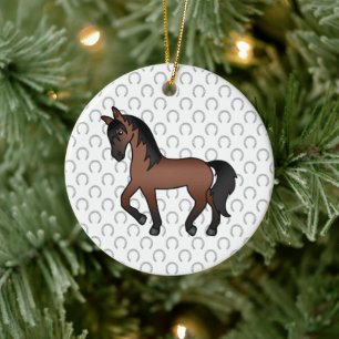 Bay Brown Trotting Horse Cute Cartoon Illustration Ceramic Tree Decoration