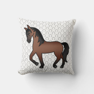 Bay Brown Trotting Horse Cute Cartoon Illustration Cushion