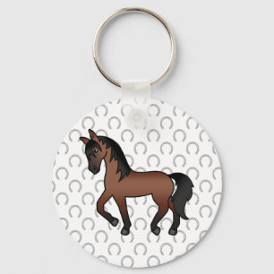 Bay Brown Trotting Horse Cute Cartoon Illustration Key Ring