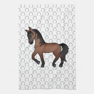 Bay Brown Trotting Horse Cute Cartoon Illustration Tea Towel