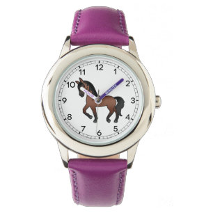 Bay Brown Trotting Horse Cute Cartoon Illustration Watch