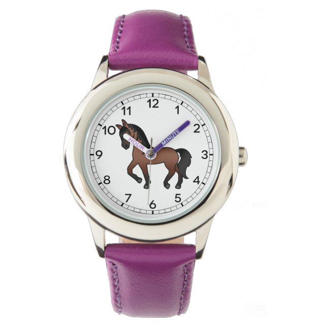 Bay Brown Trotting Horse Cute Cartoon Illustration Watch (Front)