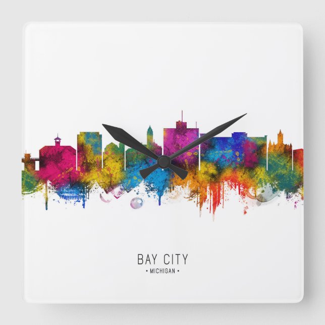 Bay City Michigan Skyline Square Wall Clock (Front)
