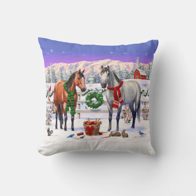 Bay & Dapple Grey Horses in Snow Christmas Farm Cushion (Front)
