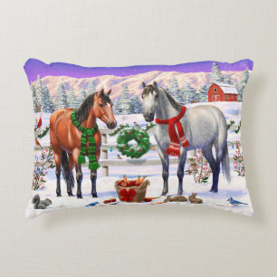 Bay & Dapple Grey Horses in Snow Christmas Farm Decorative Cushion
