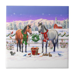 Bay & Dapple Grey Horses in Snow Christmas Farm Tile