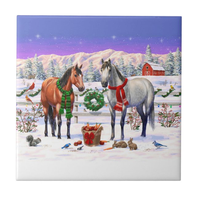 Bay & Dapple Grey Horses in Snow Christmas Farm Tile (Front)