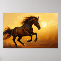 Bay Horse Gallops, Sunset Sky, Flowing Mane
