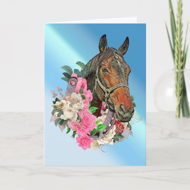 Bay Horse Head and Roses Card (Front)
