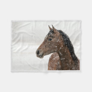 Bay Horse Standing in Gently Falling Snow Fleece Blanket