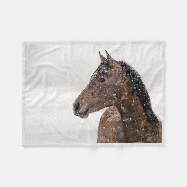 Bay Horse Standing in Gently Falling Snow Fleece Blanket (Front (Horizontal))