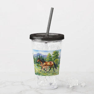 Bay Icelandic Horse and Foal in Mountain Meadow Acrylic Tumbler